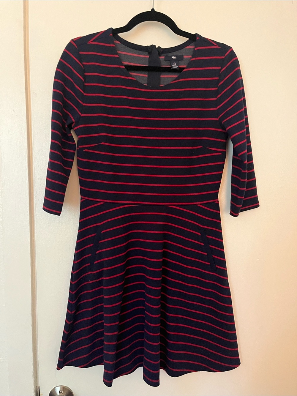GAP Navy & Red Striped Long Sleeve Fit-and-Flare Dress